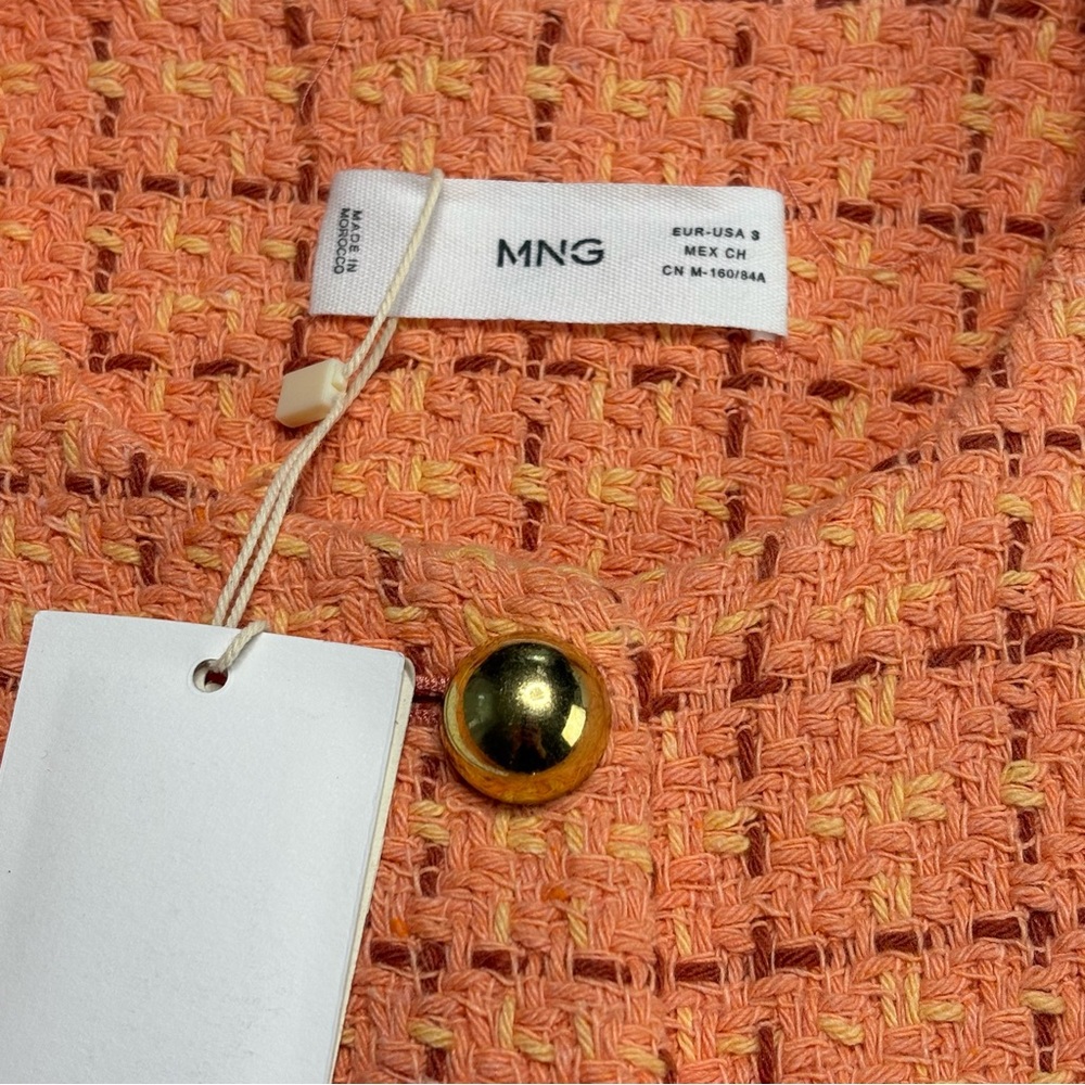 Mango MNG Short Tweed Blazer Orange Goldtone Button Details Size S NEW - Picture 9 of 15